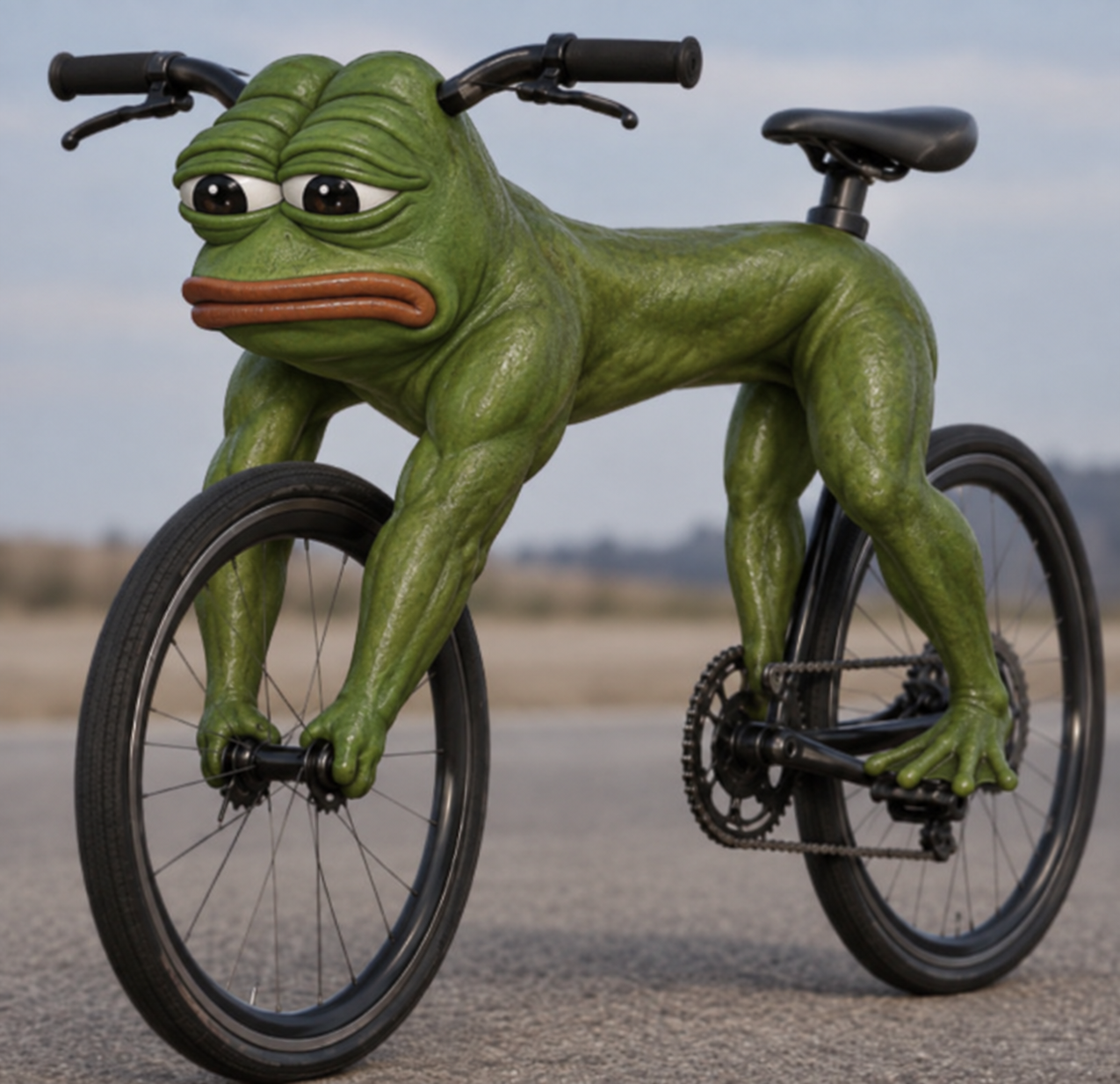 Bike Pepe, a surreal frog-bike hybrid on the road